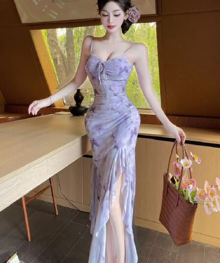 실사 섹시함 낮은 가슴 망사 프린트 슬립 드레스