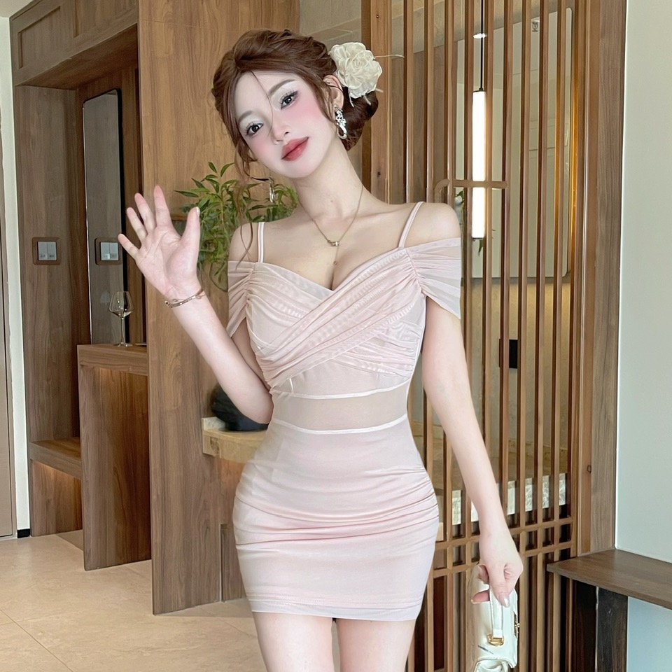 실사 섹시함 낮은 가슴 망사 패치워크 쇼트 스타일 타이트 스커트 타이트 드레스