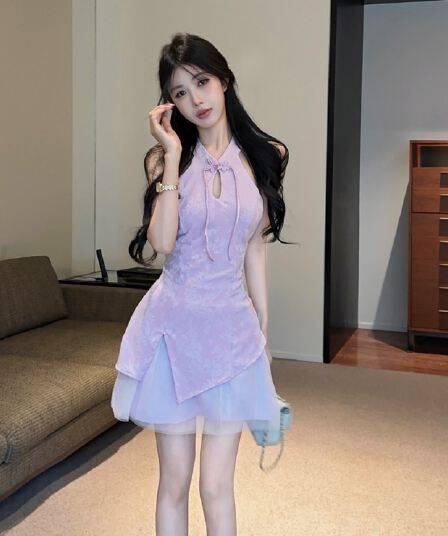 실사 오프숄더 섹시함 개선 레이스 조각 치파오 쇼트 스타일 드레스