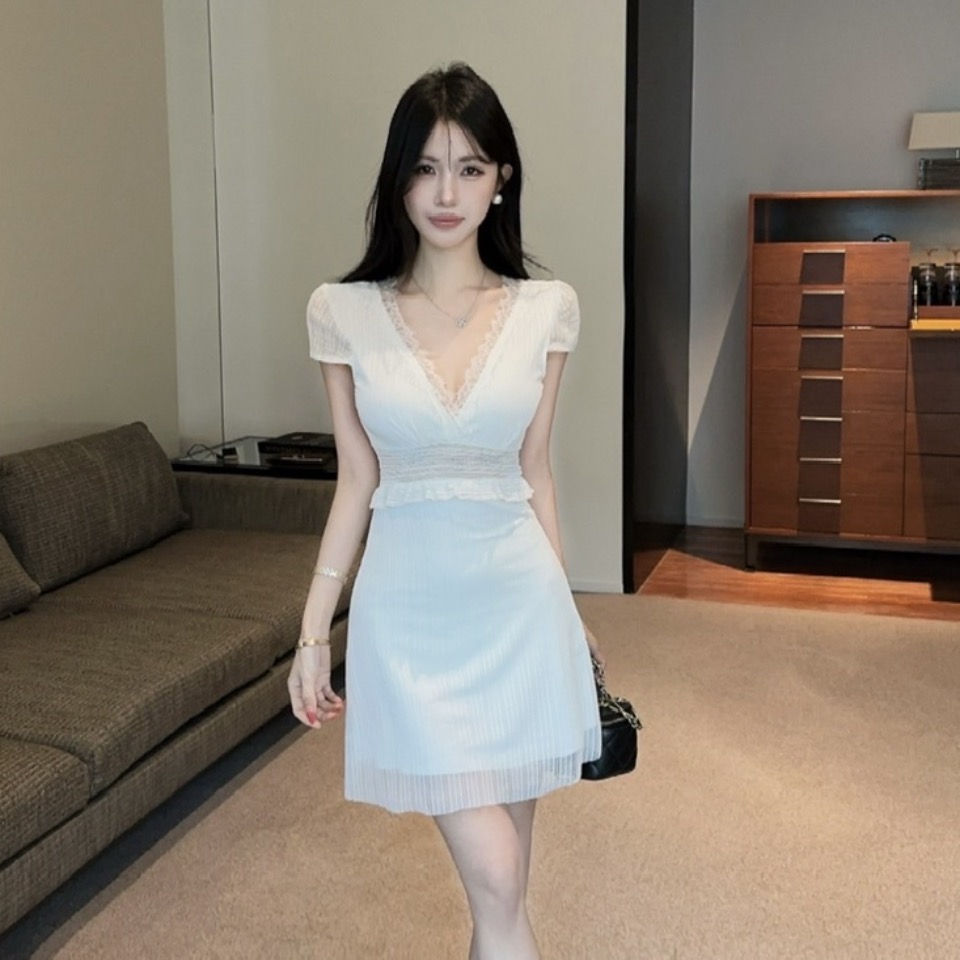 실사 망사 허리 수축 섹시함 한 마디 쇼트 스타일 드레스