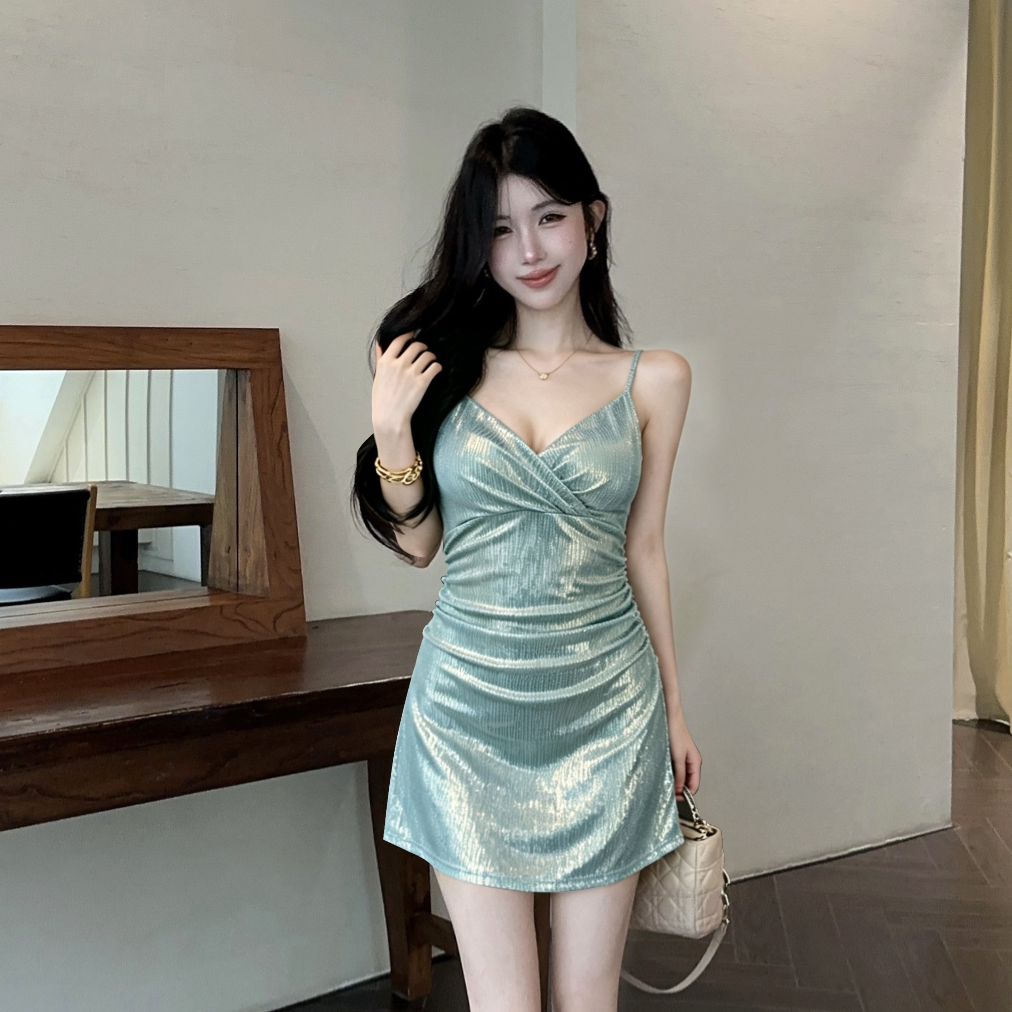 실사 섹시함 플래시 원단 신축성 슬립 드레스