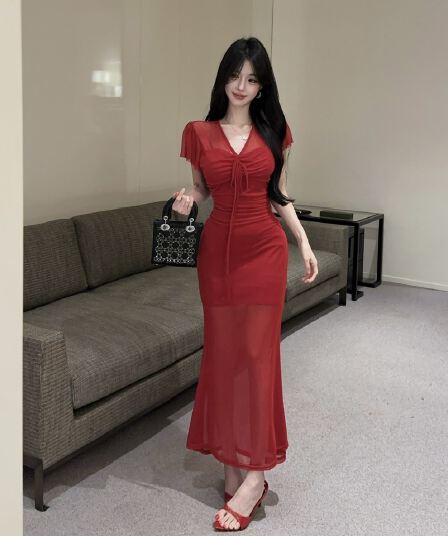 실사 망사 펌프 로프 롱 코트 반팔 드레스 복장