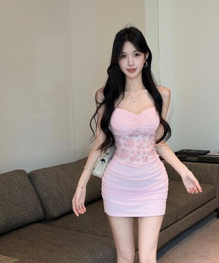 실사 망사 꽃 패치워크 타이트 스커트 쇼트 스타일 만나는 슬립 드레스