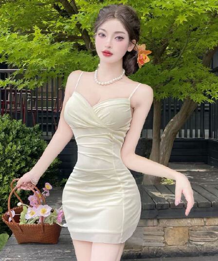 실사 망사 낮은 가슴 단색 슬립 드레스
