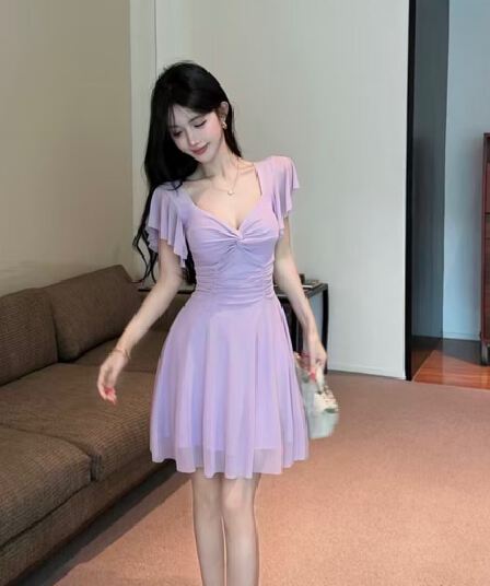 실사 망사 반팔 허리 수축 큰 진자 드레스