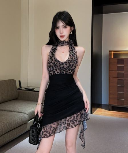 실사 레오파드 무늬 패치워크 망사 타이트 스커트 만나는 행침 목 드레스