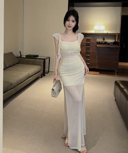 실사 중간 길이 망사 드레스 복장