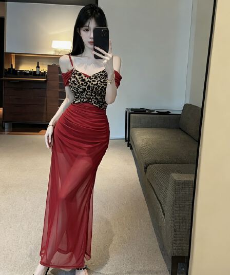 실사 레오파드 무늬 패치워크 롱 코트 슬립 드레스