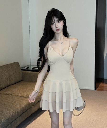 실사 쇼트 스타일 다중 레이어 슬립 드레스