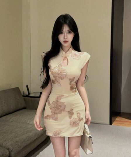 실사 반팔 개선 치파오 미니 스커트