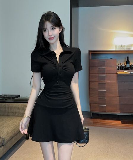 실사 면 소재 폴로 칼라 검정색 큰 진자 드레스