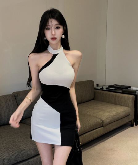 실사 면 소재 배색 드레스