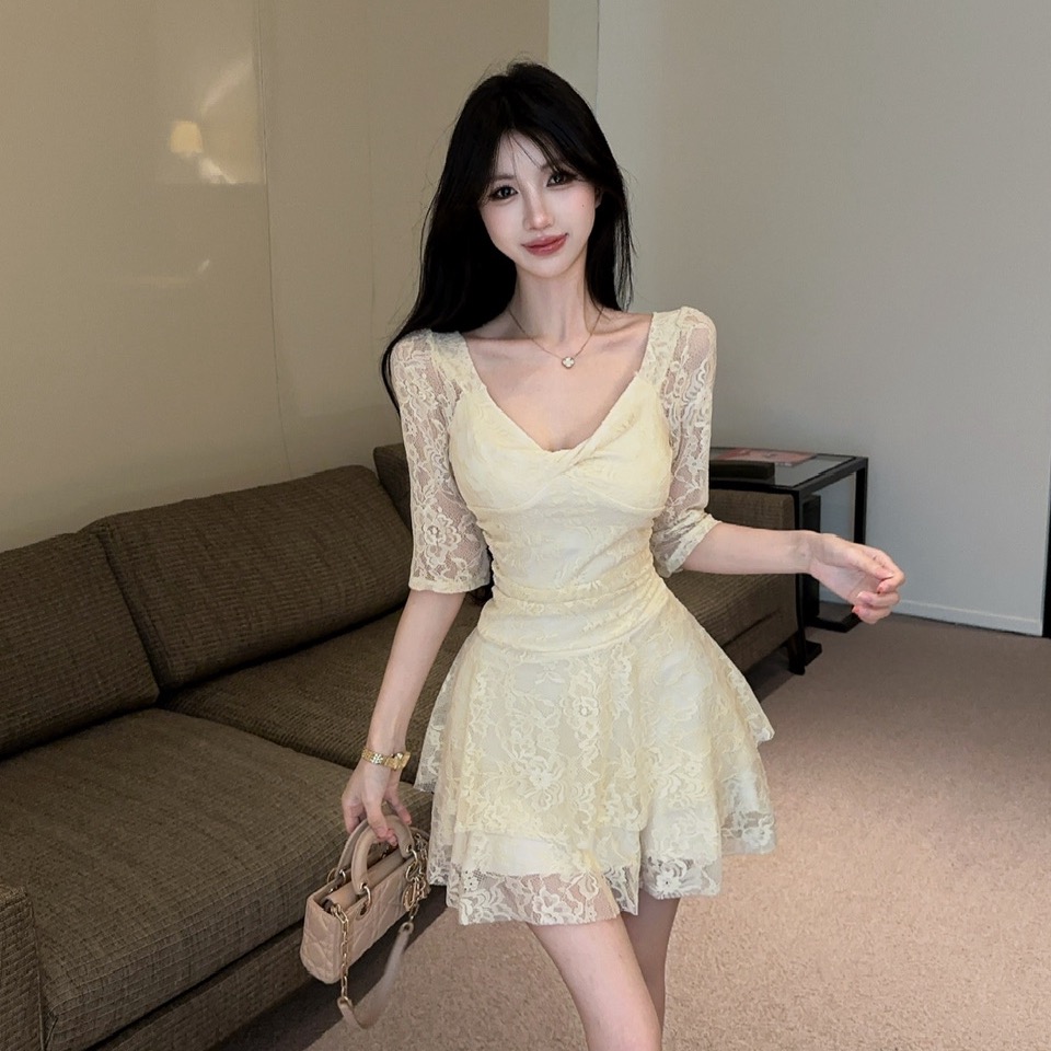 BY31537# 蕾丝中袖连衣裙  服裝批發女裝批發服飾貨源