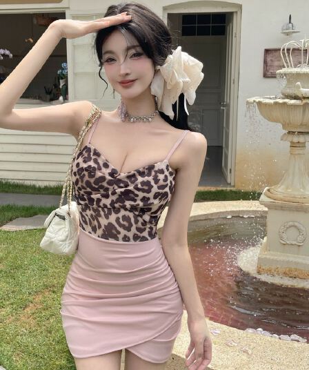 실사 레오파드 무늬 패치워크 망사 슬립 드레스