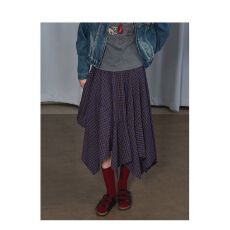 批发复古格纹下摆高腰A字裙伞裙2025秋季中长款气质半身裙【工厂店】