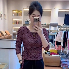 批发轻奢风荡领波点网纱长袖打底衫女2025早秋新款修身绑带设计感上衣