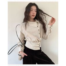 批发【原版质量】法式休闲条纹翻领复古长袖衬衫2025秋季收腰修身上衣