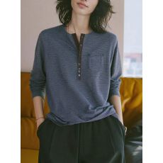 批发【原版质量】高级感原创长袖T恤春亨利圆领撞色设计内搭<b class='q'>休闲</b>上衣