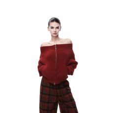 批发【原版质量】法式红色一字肩圣诞<b class='q'>针织衫</b><b class='q'>女</b>2026春露肩长袖拉链毛衣