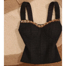 批发小香风钉珠黑色吊带背心女夏外穿带胸垫抹胸打底西装内搭鱼骨上衣