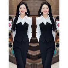 批发2026年秋装新款干练气质套装女修身显瘦假两件上衣+高腰微喇裤潮