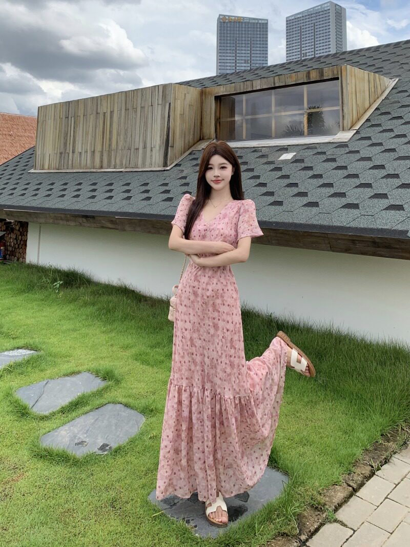 RY3252# 2026夏季法式粉色波点复古彩花卉显瘦遮肉短袖气质优雅连衣...