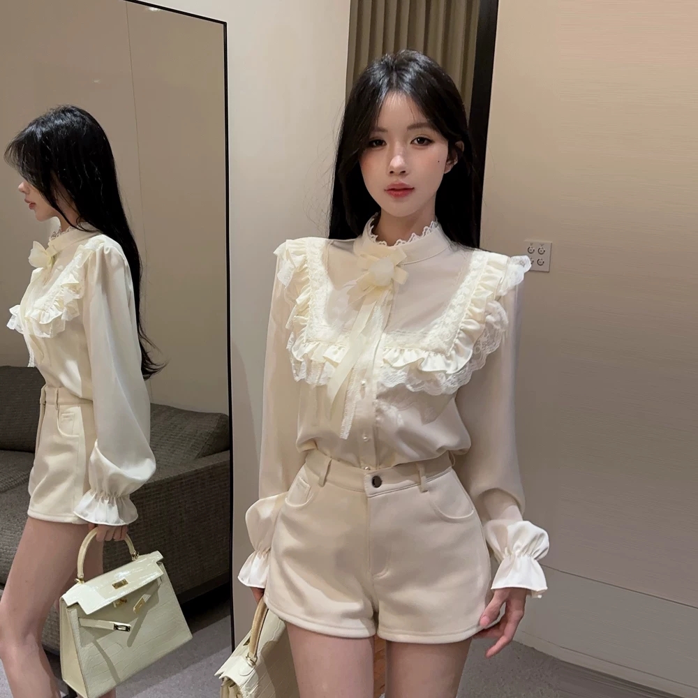 고급 센스 스탠드 칼라 레이스 레이스 패치워크 긴팔 셔츠 작은 대중 다용도 Chic 고유 한 슬림해 보이는 프랑스식 맨위 여성