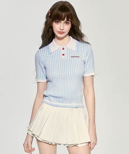 원본 품질 프랑스식 순수한 욕망 바람 세로 줄무늬 배색 POLO 칼라 니트 스웨터 2026 여름 새로운 연령 감소 맨위 여성