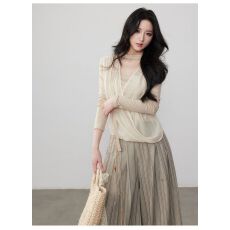 批发原版质量法式温柔<b class='q'>网纱</b>拼接T恤女装2026春季针织飘带假两件上衣潮