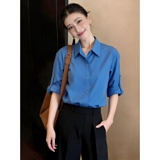 批发港风复古蓝色防晒<b class='q'>衬衫</b>女夏季薄款小个子翻领<b class='q'>衬衣</b>宽松显瘦长袖上衣