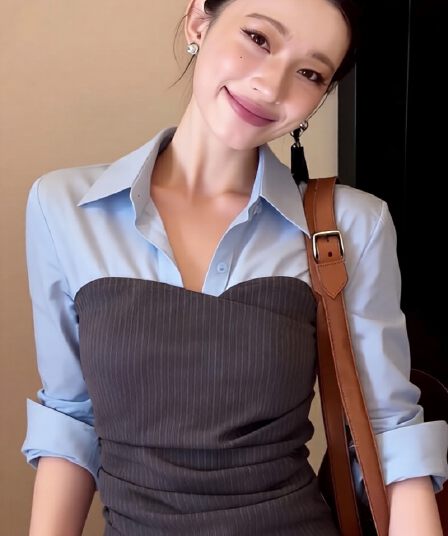 가을 새로운 작은 대중 패션 빛 럭셔리 페이크 레이어드 패치워크 셔츠 여성 긴 소매 품격 몸매 가꾸기 슬림해 보이는 출퇴근 맨위