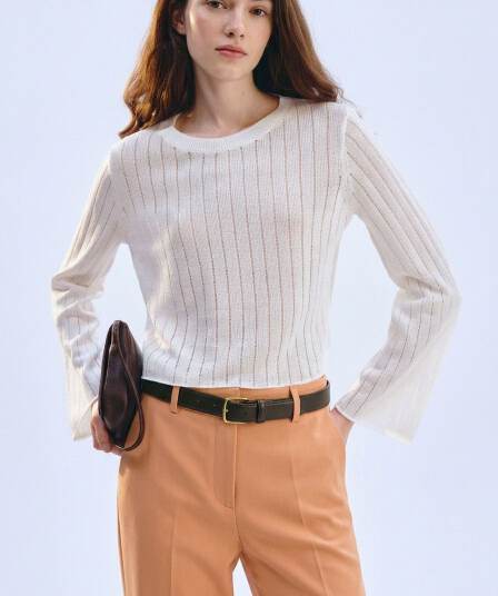 원본 품질 프랑스식 캐주얼 그리고 종이 혼방 세로 줄무늬 엠보싱 센스 라운드 넥 니트 풀오버 2026 가을 새로운