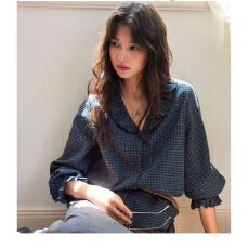 批发原版质量法式复古V领荷叶边格子<b class='q'>衬衫</b>女2026新款宽松<b class='q'>长袖</b><b class='q'>衬衣</b>