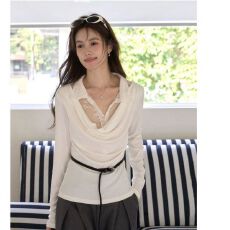 批发原版质量法式独特假两件<b class='q'>T</b>恤女装2026秋新款蕾丝拼接荡领收腰长袖