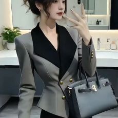 批发轻奢优雅风灰色西装外套女职业御姐金扣掐腰短外套高级感气质显瘦