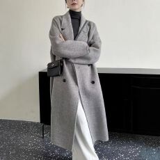 批发现货 灰色长款韩系宽松高端毛呢外套