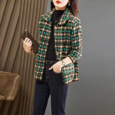 批发秋冬新款毛呢格子外套女款2025年新款<b class='q'>韩版</b>宽松短款毛呢休闲上衣潮