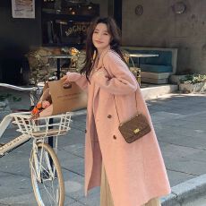 批发粉色毛呢大衣女外套2025新款韩版秋冬装毛呢大衣毛呢女中长款