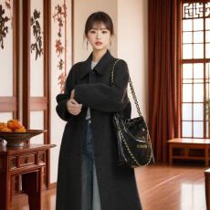 批发爆款黄色娃娃领双面毛呢大衣女2025秋冬新款韩版加厚中长款呢外套