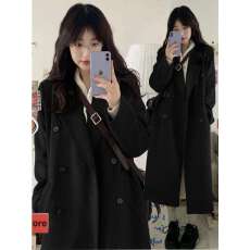 批发黑色毛呢外套女2025年秋冬季新款赫本风高级感中长款加厚呢子大衣