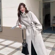 批发燕麦色立领双面毛呢大衣女2025秋<b class='q'>冬</b>季新款宽松中长款系带毛呢外套