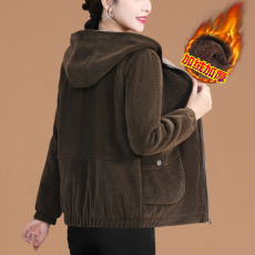 批发高档秋冬灯芯绒外套2025新款条绒连帽上衣<b class='q'>中老年</b>妈妈女士加绒加厚