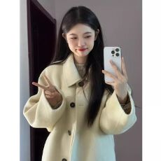 批发爆款黄色娃娃领毛呢大衣女2025秋冬新款韩版加厚中长款呢外套