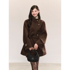 批发复古高级棕色赫本立领毛呢系带<b class='q'>外套</b>收腰秋冬新款气质显瘦呢子<b class='q'>大衣</b>