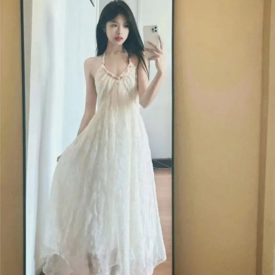 핫걸 순수한 욕망 바람 슬립 백리스 여성 여름 새로운 휴가 해변가 쉬폰 고급 여름 요정 루오 달 꽃 신