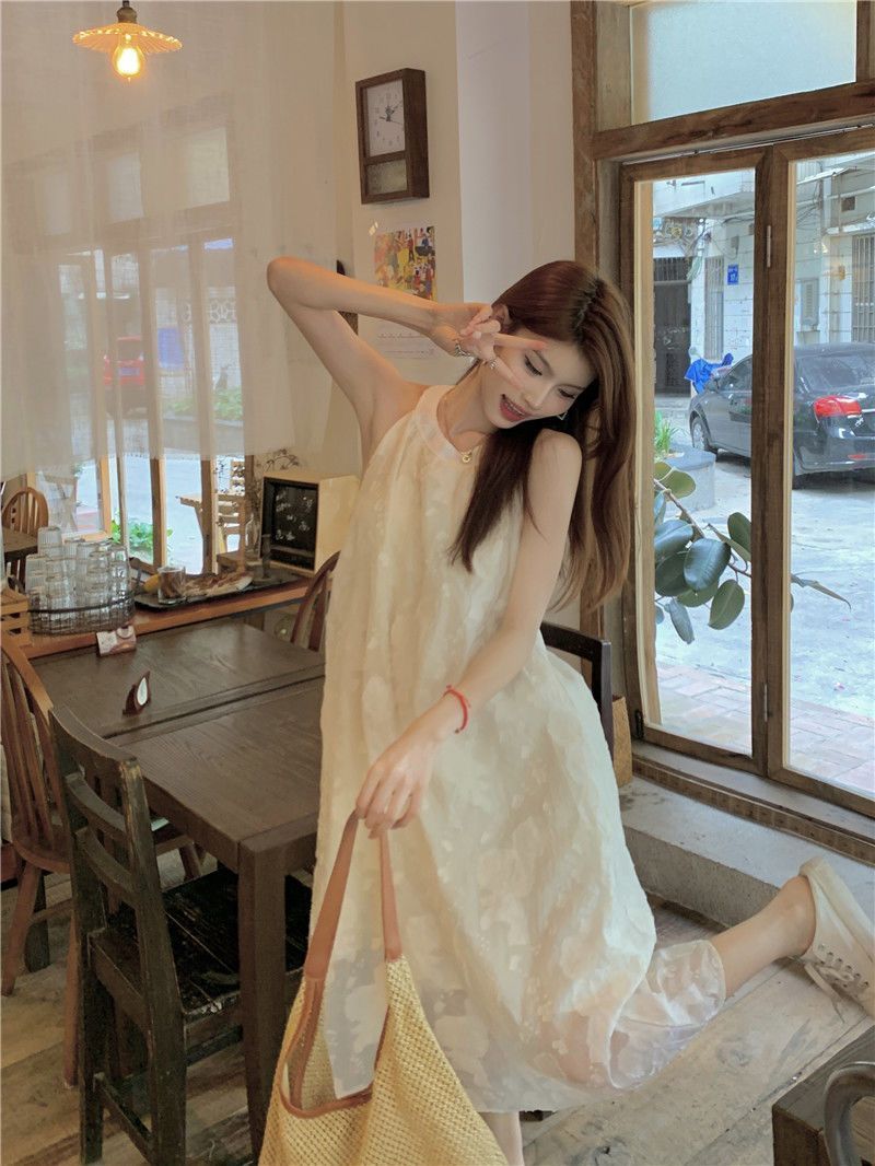 쉬폰 달콤함 드레스 요정 여름 휴가 해변가 치마 고급 가스 질감 이슬 오프숄더 민소매 길다 치마
