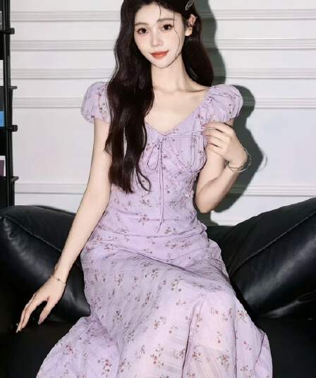 보라색 여름 꽃무늬 Feifei 소매 프랑스식 드레스 2026 품격 바람 수신 치마 휴가 롱 스커트 새로운