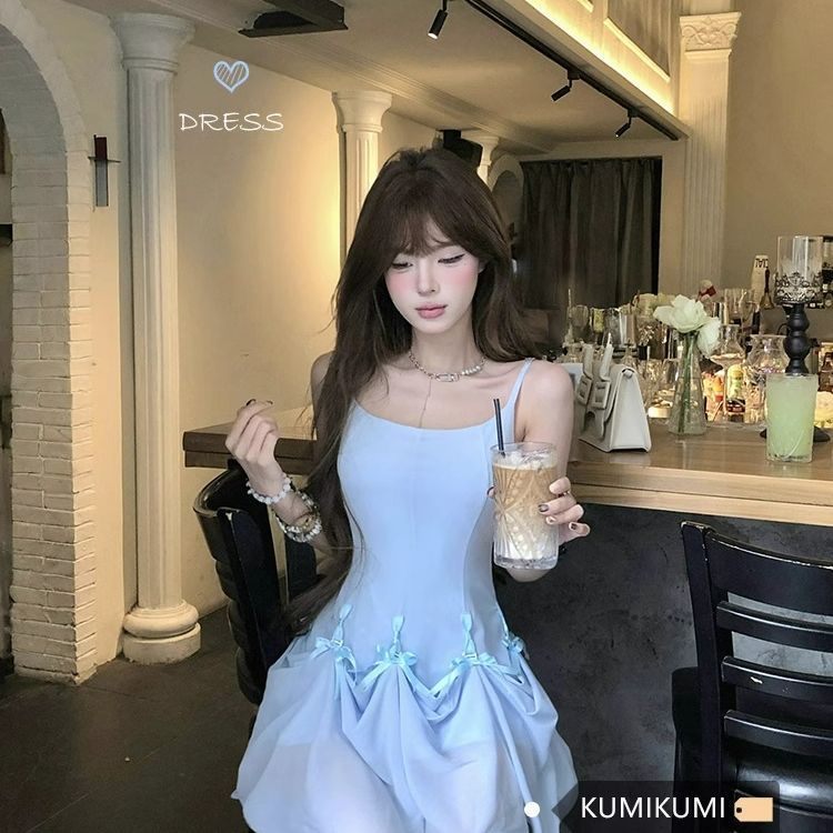 프랑스식 달콤한 자매 바람 나비 매듭 슬립 여성 드레스 여름 디자인 센스 하나 치마 기타 착용 한 마디 치마 검정색 롱 스커트