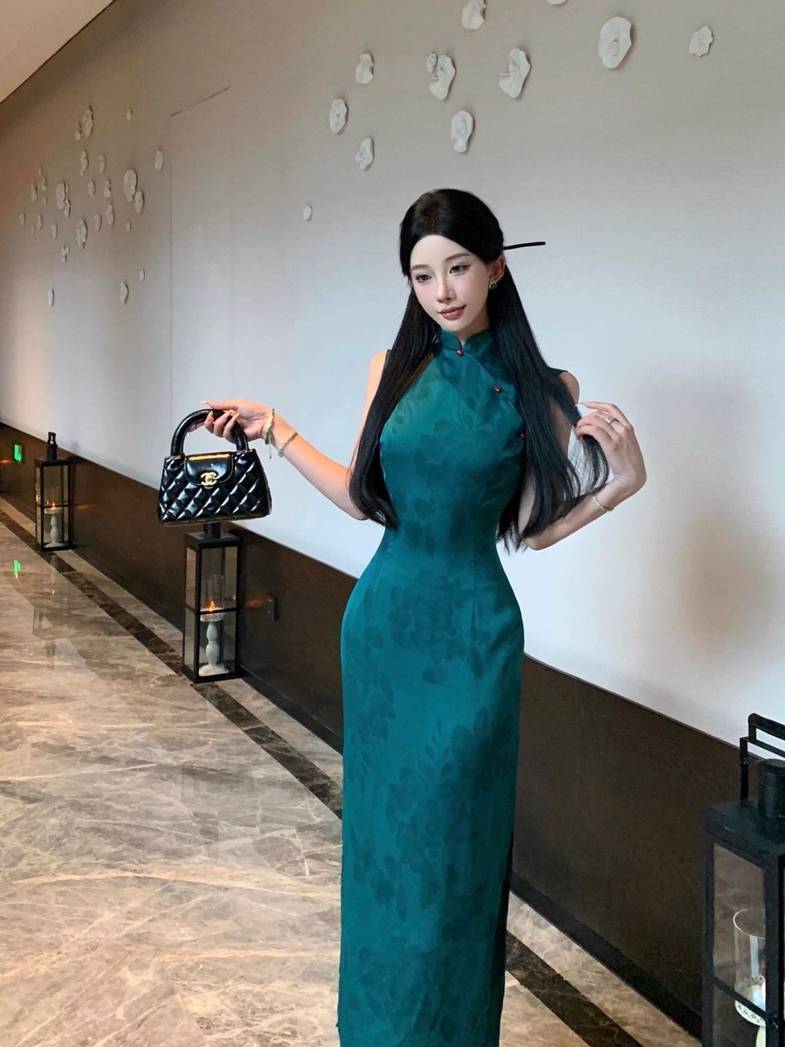 국풍 스탠드 칼라 단추 롱 코트 드레스 여름 공작 푸른 녹색 디스플레이 화이트 새로운 중식 항구 일 프린트 롱 코트 치파오