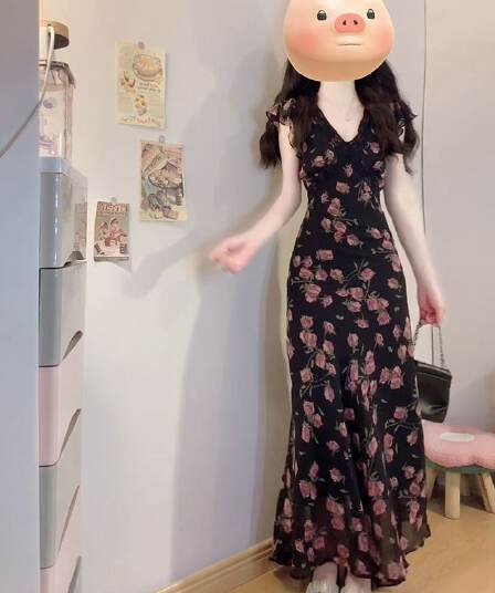 한 부서 부드러운 바람 디자인 장미 꽃무늬 여성 드레스 여름 V넥 레이스 날다 소매 허리 수축 슬림해 보이는 롱 스커트 여성